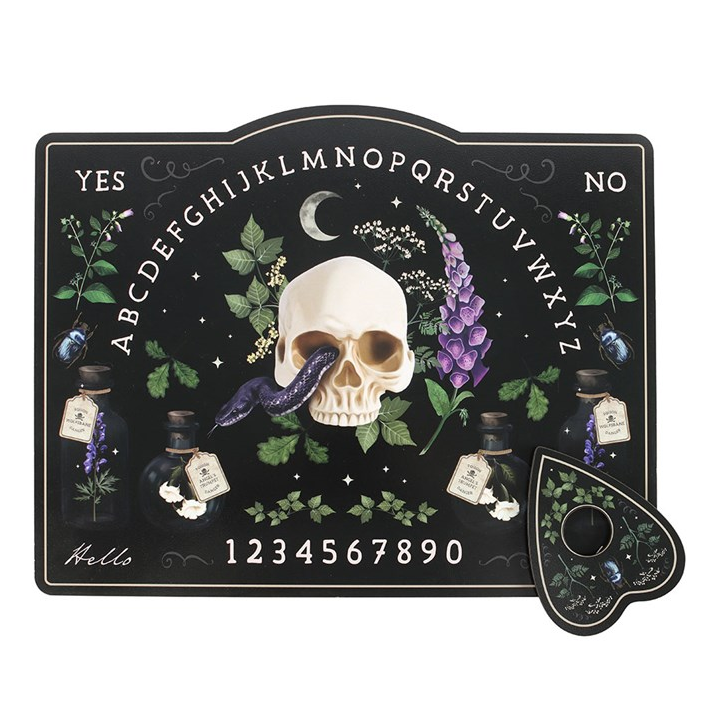 Ouija board with skull and herbs design on a white background