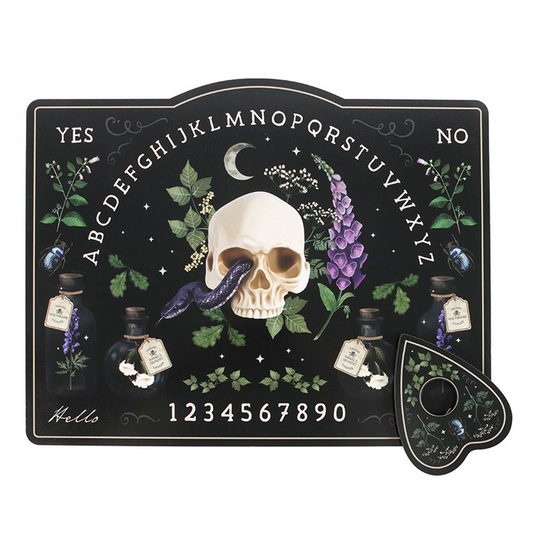 Ouija board with skull and herbs design on a white background