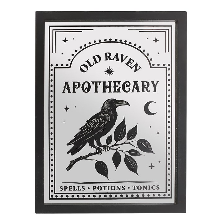 Framed poster of 'Old Raven Apothecary' with a raven illustration on a white background