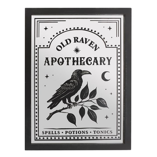Framed poster of 'Old Raven Apothecary' with a raven illustration on a white background