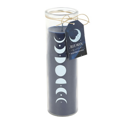 Candle in a cylindrical container with moon phase design and a tag on a white background