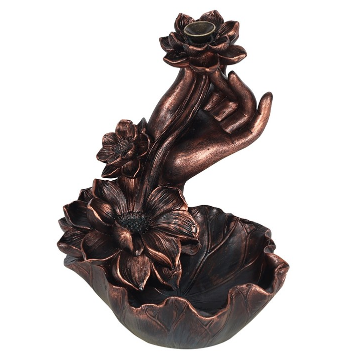 Bronze Effect Hand with Flower Backflow Incense Burner