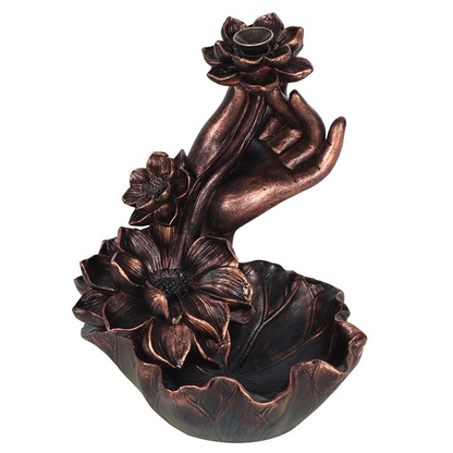 Bronze Effect Hand with Flower Backflow Incense Burner